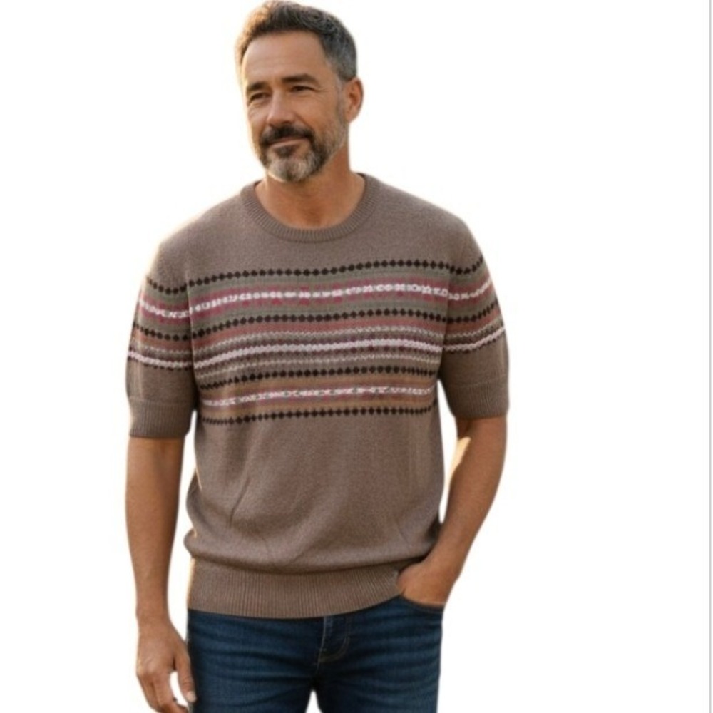 Tommy Hilfiger Sweater Men's L/G Brown Nordic Fair Isle Knit Short Sleeve Top